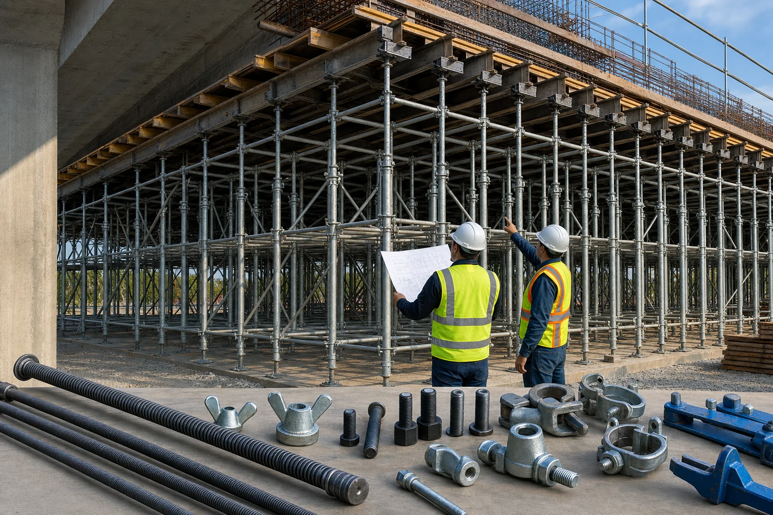 Temporary steel shoring and heavy-duty formwork accessories supporting a bridge deck