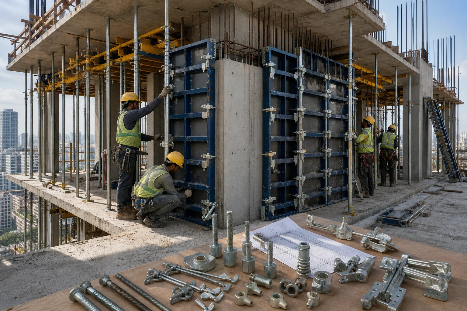 High-rise concrete formwork with adjustable steel props and reusable formwork accessories