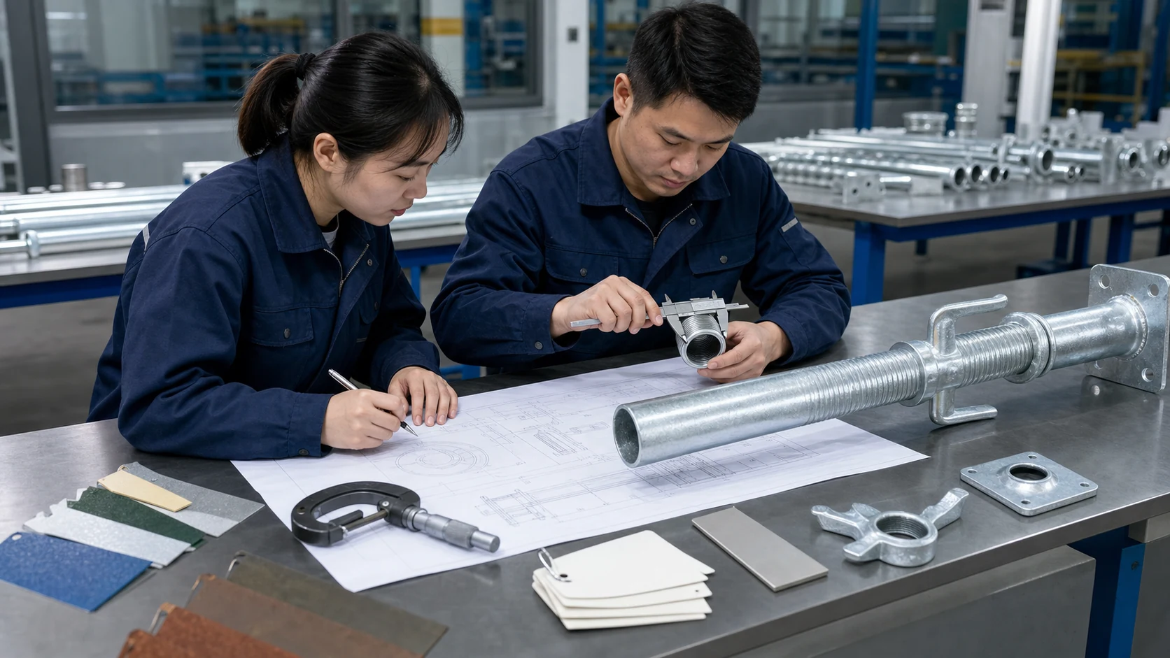 Quality engineers reviewing drawings and measuring an adjustable steel prop before production